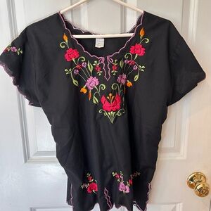 Black Embroidered Floral Mexican Blouse (Never Worn)